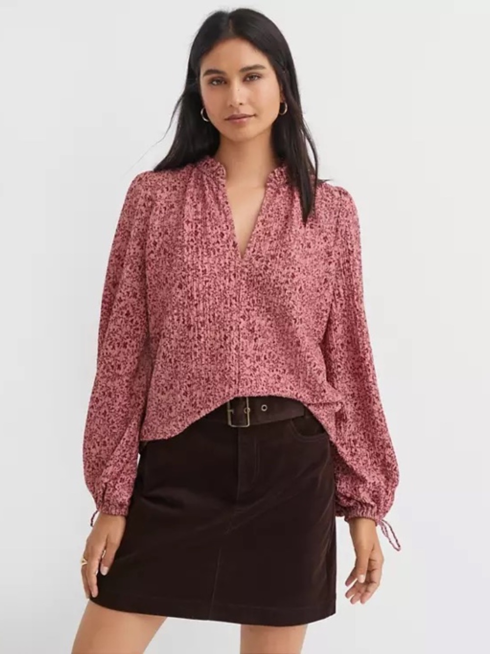 LOFT Floral Ruffle Tie Cuff Top Withered Rose | Size M | Excellent